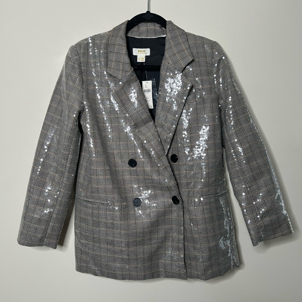 Maeve by Anthropologie Gray Plaid Sequin Blazer